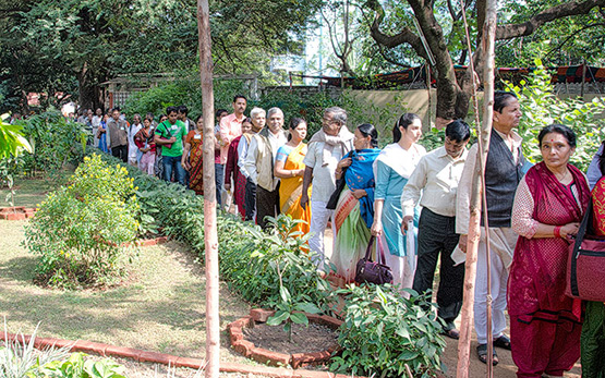 Devotees in line during Sharad Sangam.