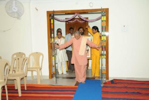 Swami Smaranananda opens doors of the new Dhyana Mandir, Anantapur.