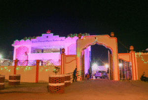 Agra Dhyana Kendra, lit in the evening.
