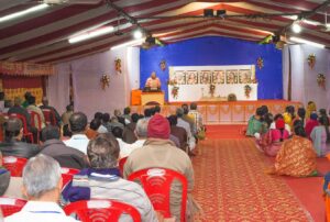 Swami Madhavananda gives a discourse to the devotees, Puri.