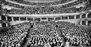 Yogananda giving a lecture at the Philharmonic Auditorum, Los Angeles, California.