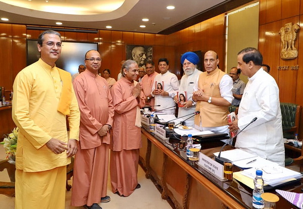 Swami Smaranananda with Rajnath Singh(Home Minister) in meeting with senior Government of India officials