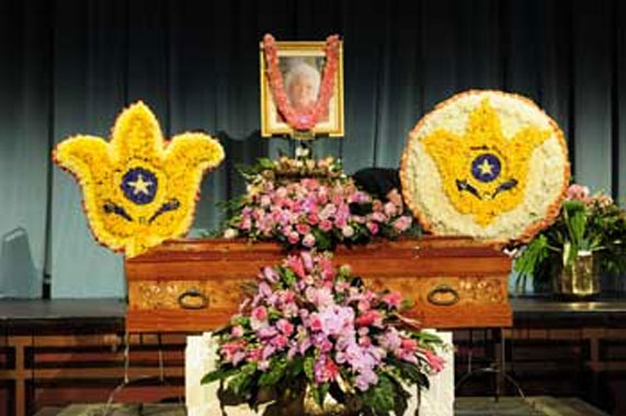 Flowers and Casket at Daya Mata memorial service