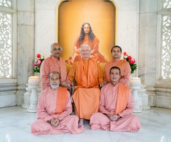 YSS/SRF President Sri Sri Swami Chidananda Giri with new initiates into the Swami Order in the Smriti Mandir at the YSS Ranchi ashram in 2019